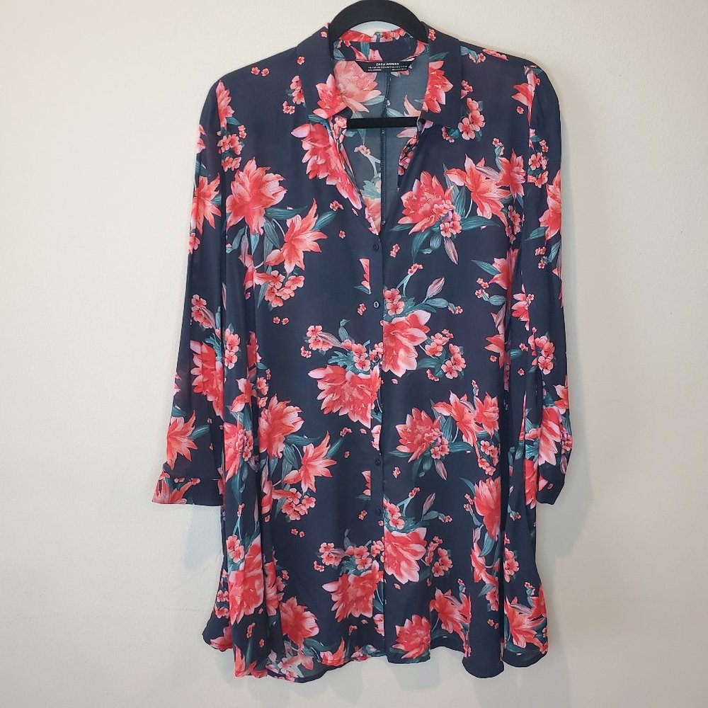 Zara floral shirt mini dress tunic red navy S